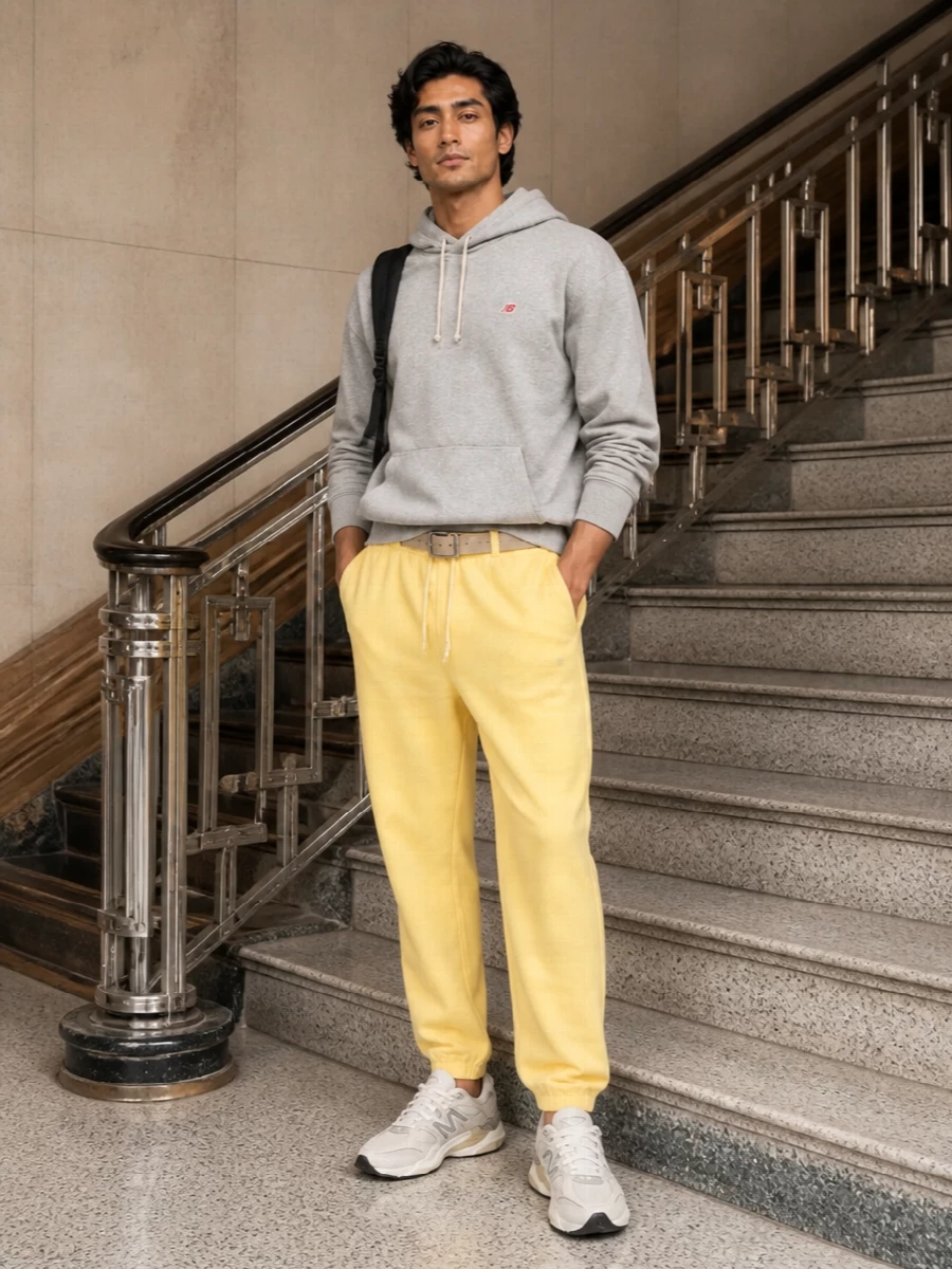 New balance yellow track pants grey hoodie outfit
