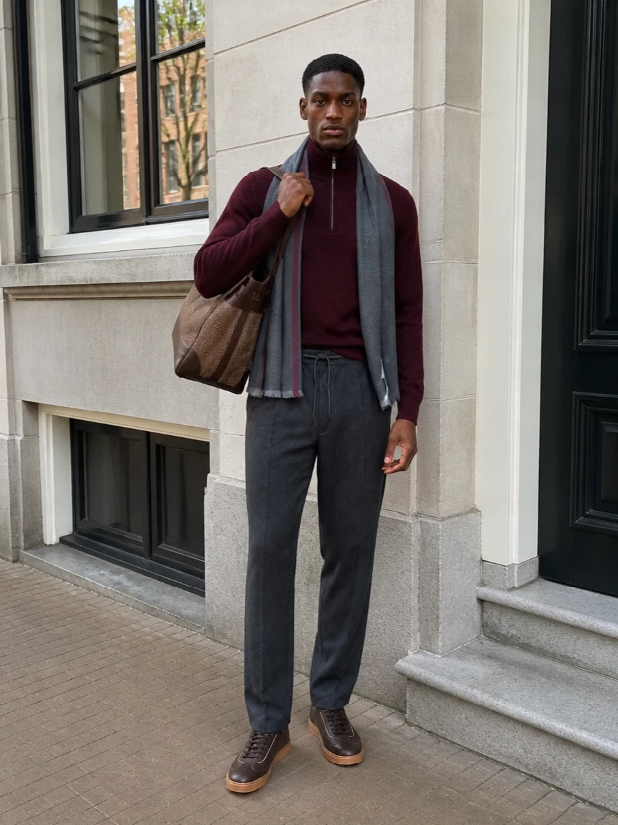 Brunello cucinelli burgundy half zip charcoal trousers