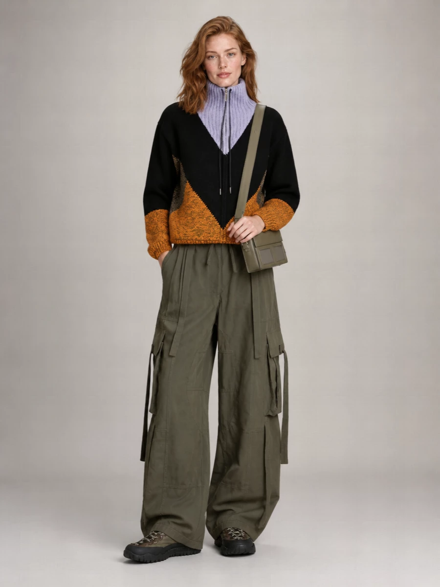 This is a sport-utility uniform built around a deep khaki story, with the Marni chevron zip-up flowing straight into exaggerated Dolce&Gabbana cargo volume and the chunky Miu Miu trek sneaker. Olive and black tones stay tight and graphic, so the Margiela crossbody can sit in the same colour family without breaking the line, keeping everything city-ready but clearly inspired by hike and ski gear. I chose the top-and-bottom route over a dress so the sneakers can sit in their natural habitat, playing with proportion and pockets rather than competing with a single statement column.