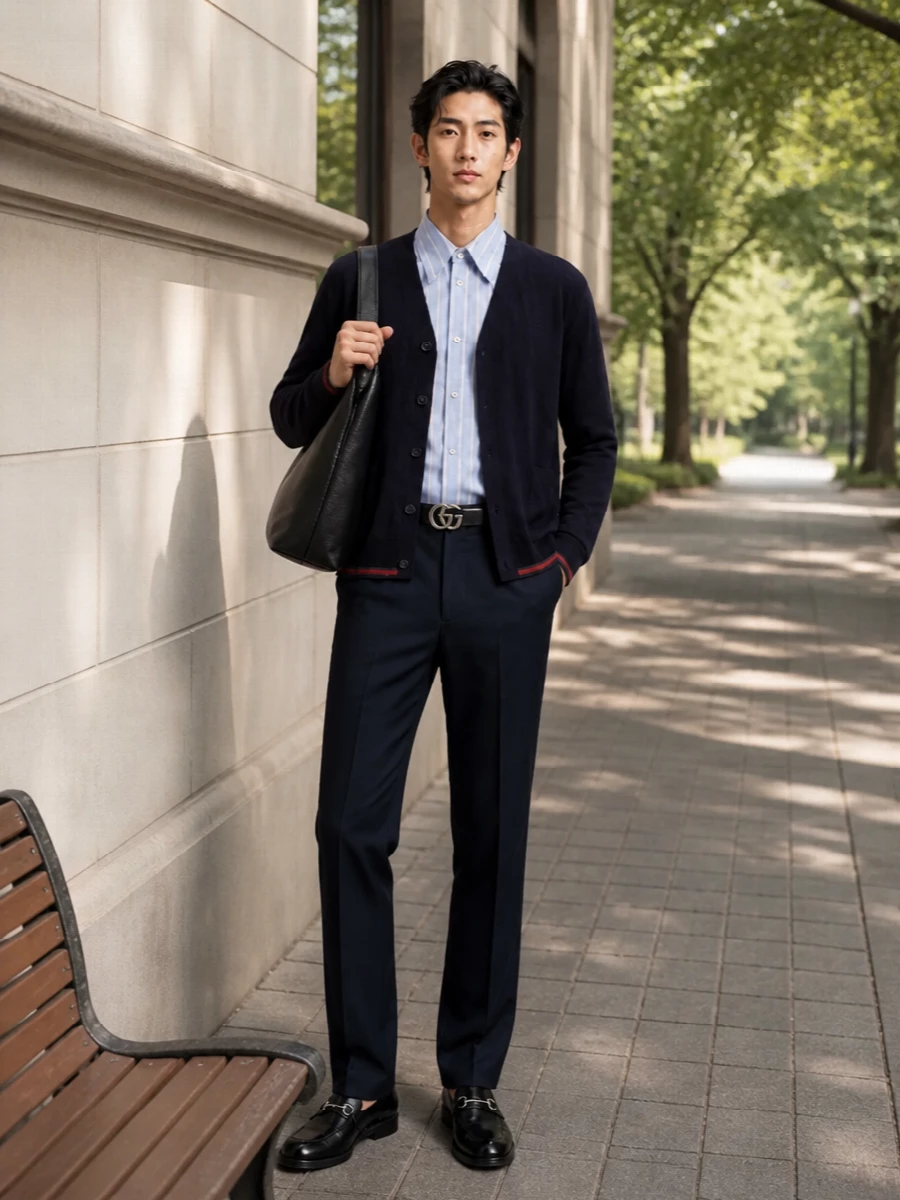 A grey Gucci cardigan over a white shirt and navy tailored trousers creates a calm, precise base that works from meetings to dinner. Black horsebit loafers and a smooth black tote add just enough polish, while the discreet logo belt finishes the waist with a clean, modern line. The result is sharp, minimal and quietly confident in any smart city setting.