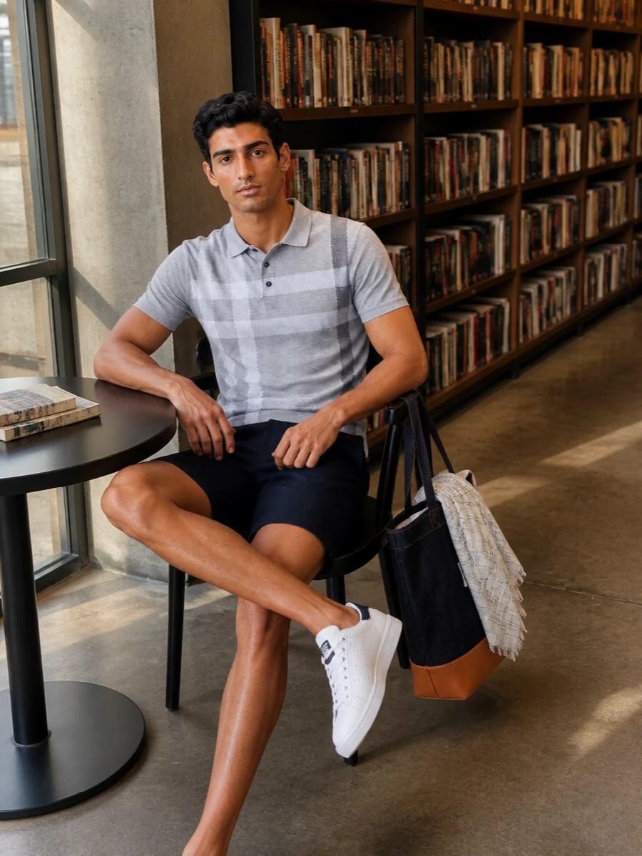 Barbour polo navy shorts adidas white sneakers