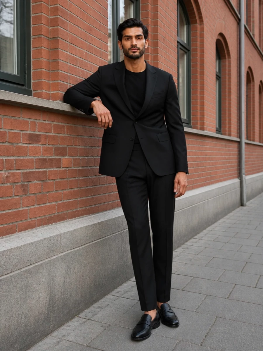 Prada black suit john lobb penny loafers