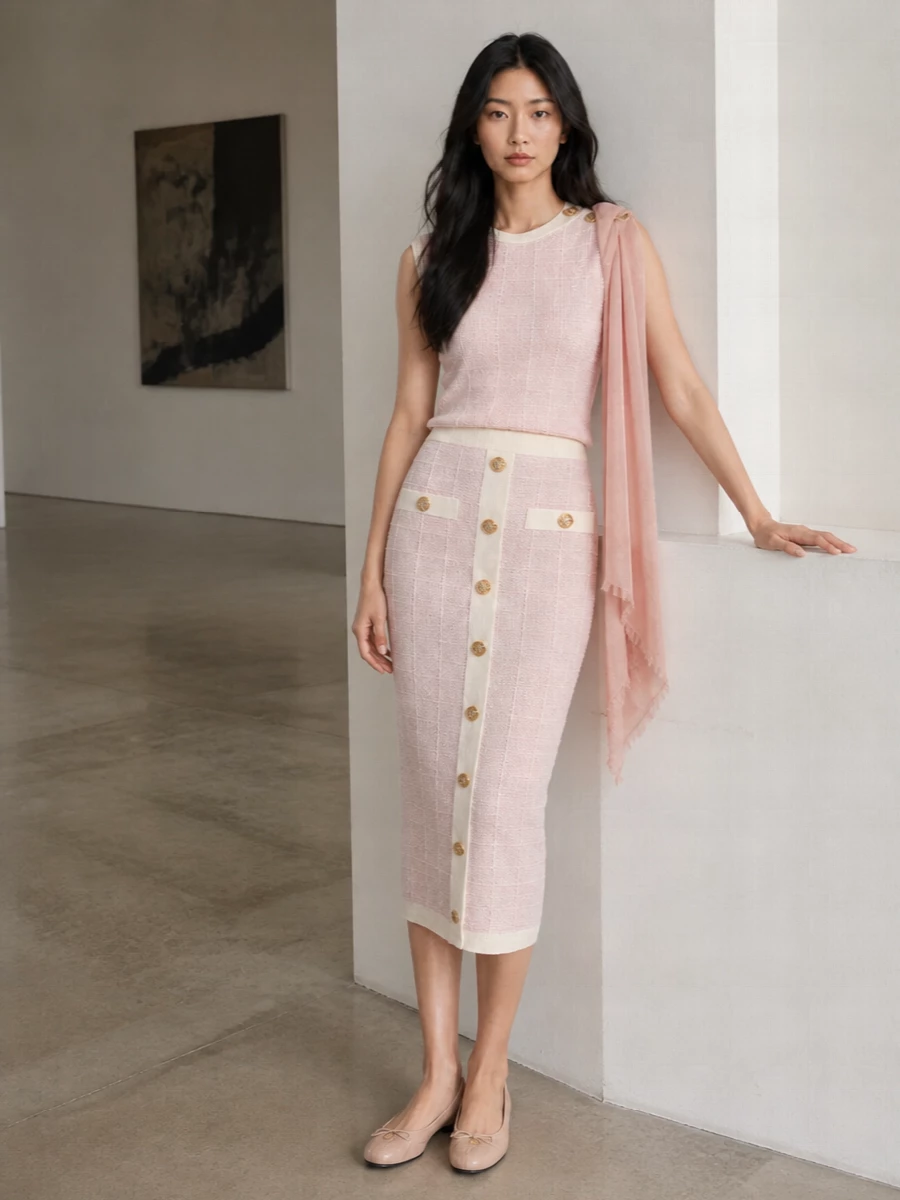 Balmain blush knit skirt outfit valentino flats