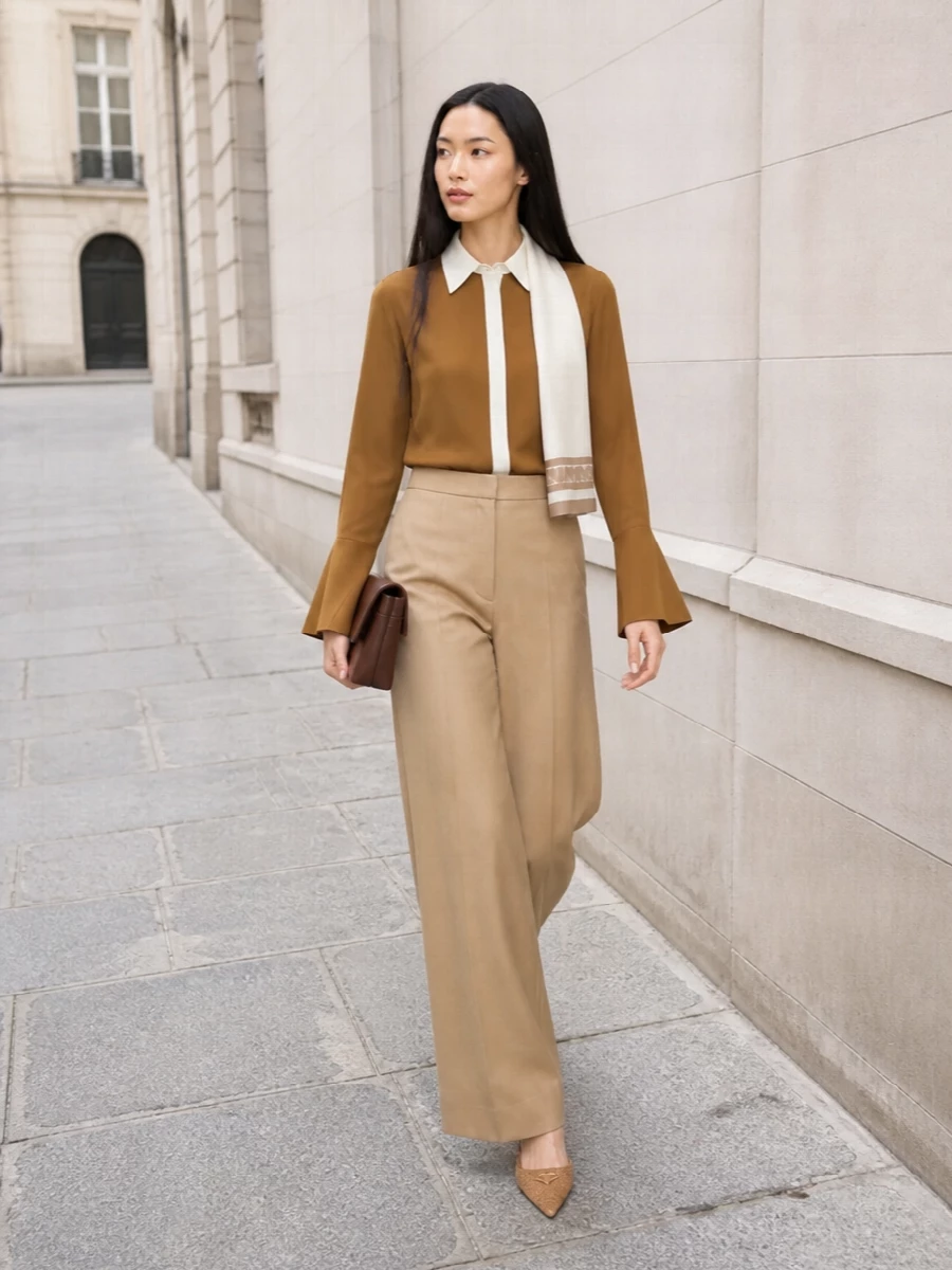 Camel wide leg trousers ivory blouse outfit