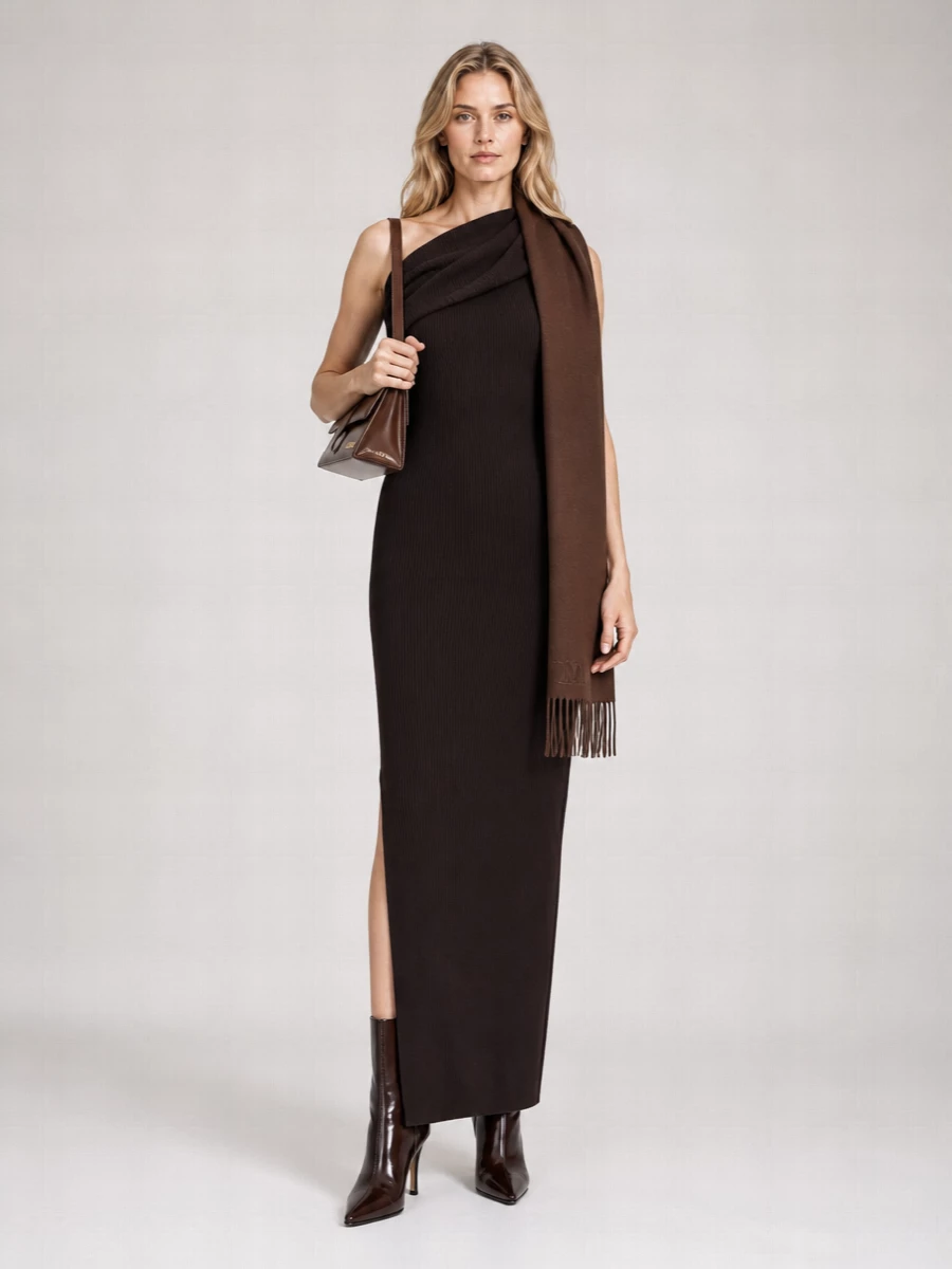 Rick Owens Ribbed Asymmetric Draped One-Shoulder Maxi Dress