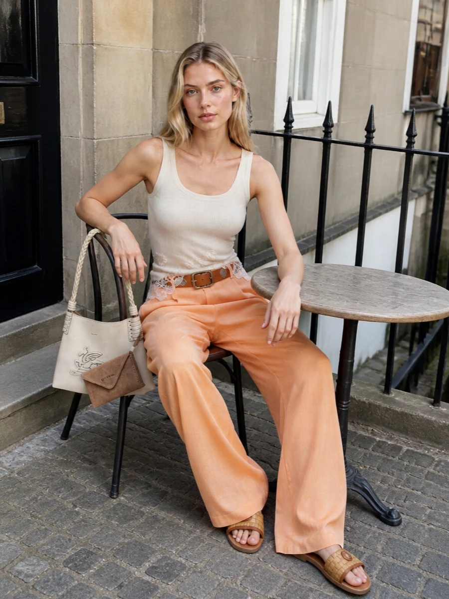 Ermanno scervino apricot trousers lace tank outfit