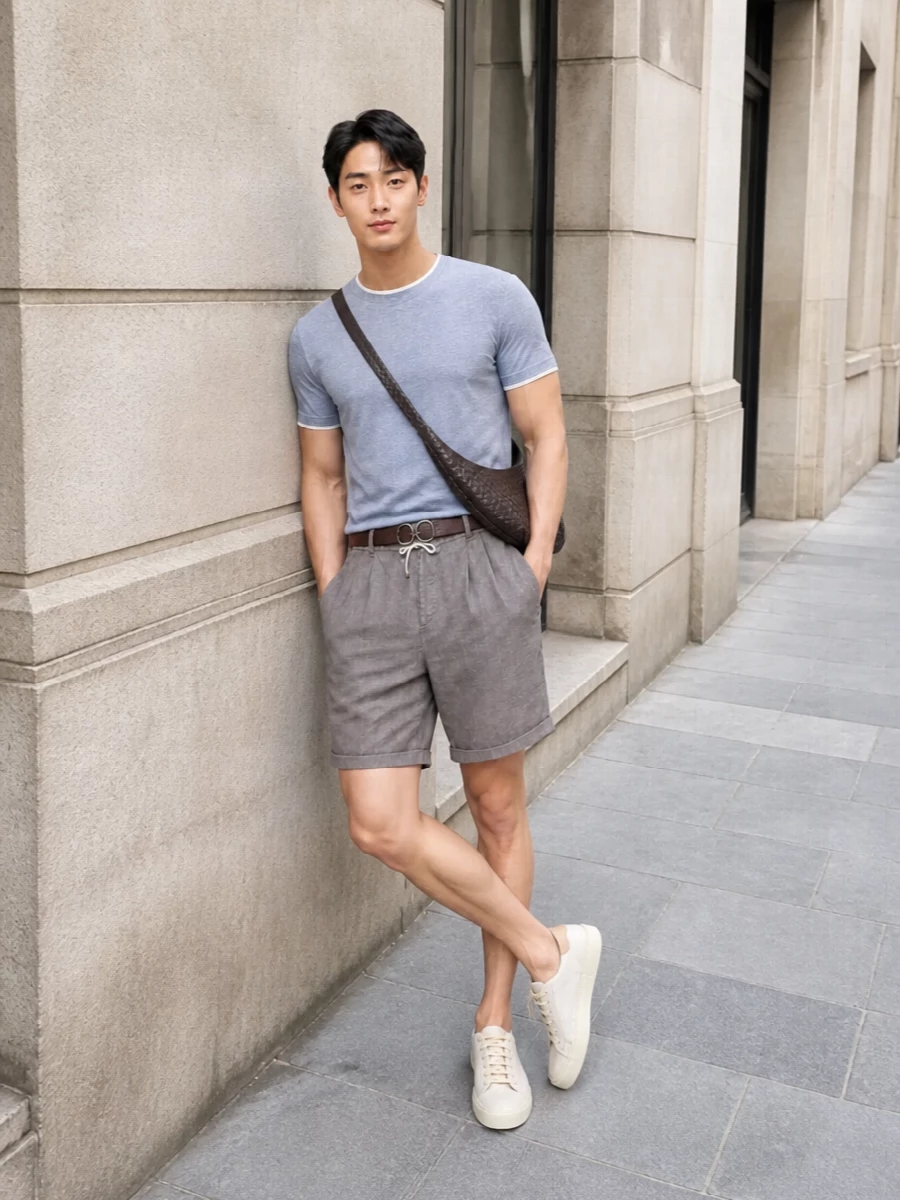 This look pairs the heathered blue-grey Brunello tee with softly pleated taupe drawstring shorts for an elevated, resort-ready take on off-duty dressing. Eggshell-and-sand low-top sneakers keep the lines clean and minimal, while the espresso intrecciato crossbody and chocolate leather belt introduce discreet texture and depth. The result is a light, tonal summer uniform that feels relaxed yet impeccably considered.