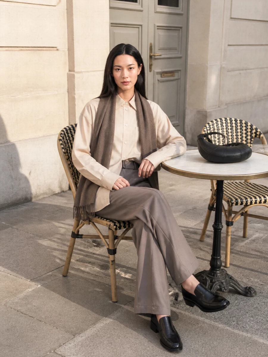 Lemaire beige shirt taupe wide leg trousers