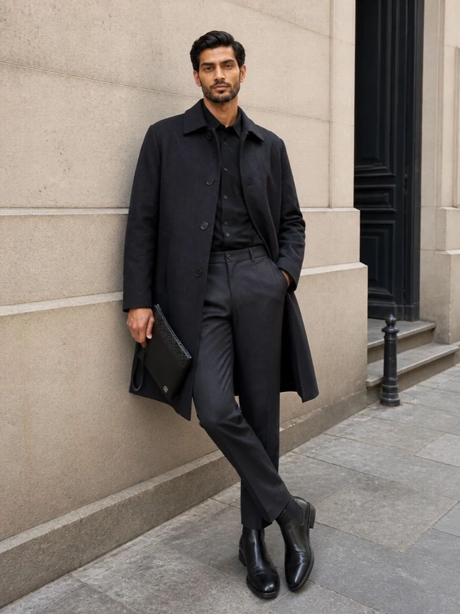 This look builds a refined monochrome column under the charcoal Fendi overcoat with a black tailored shirt, charcoal straight-leg trousers and sleek black Chelsea boots for a sharply modern, boardroom-ready silhouette. The slim black pouch adds just a trace of graphic branding, keeping the overall impression meticulously quiet, urbane and evening-appropriate without ever feeling over-styled.