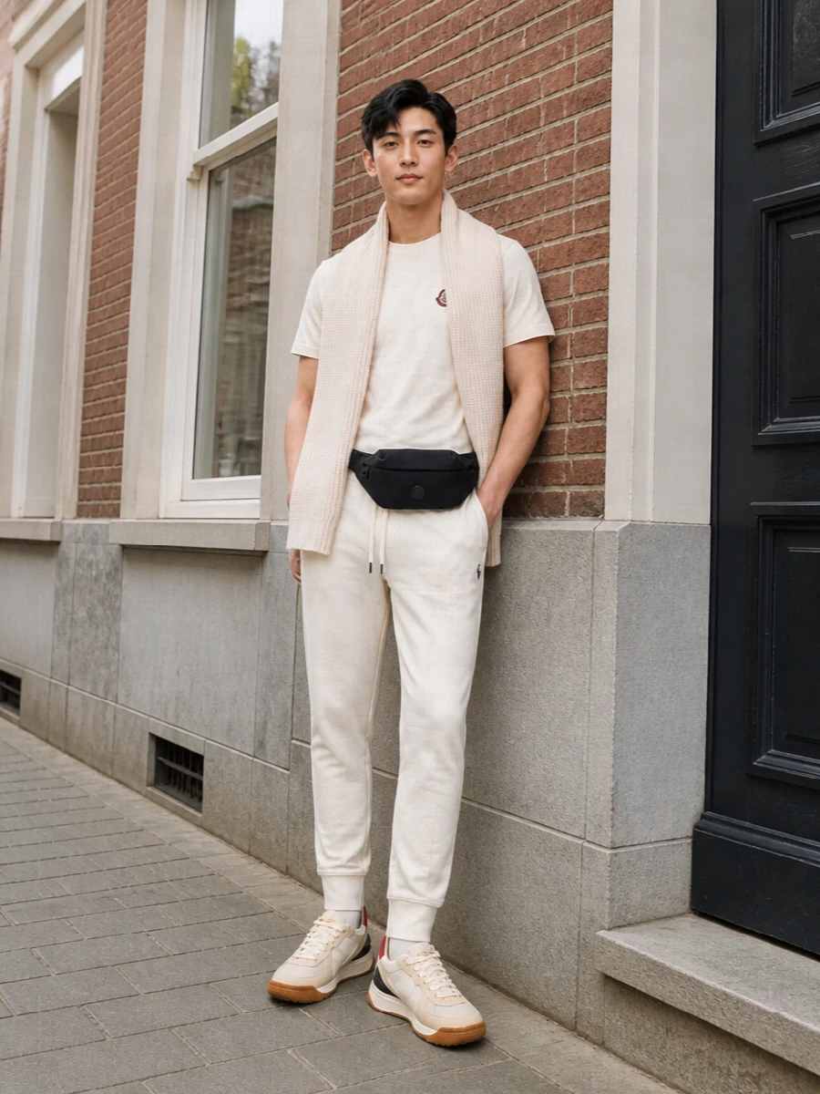 Moncler ivory tee off white joggers outfit