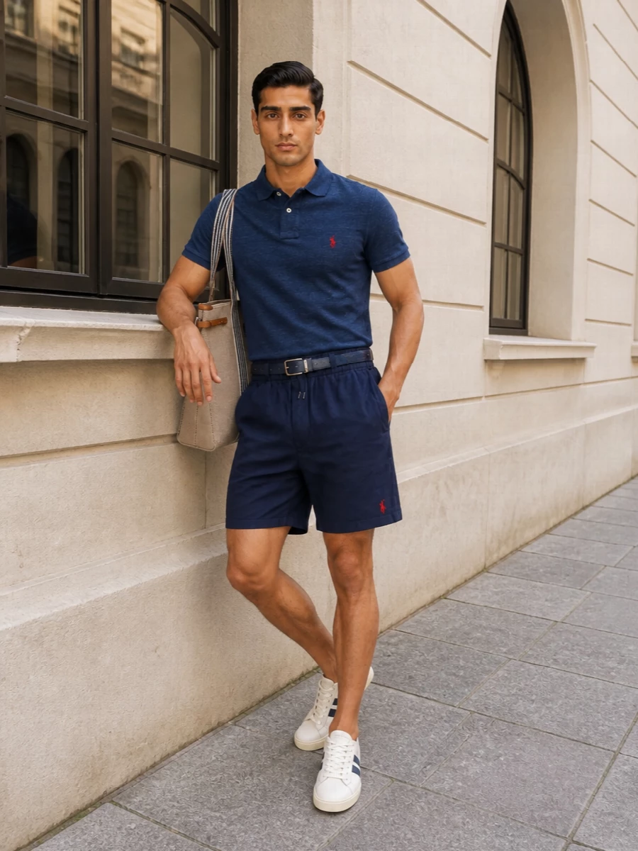 Heathered navy piqué meets matching deck shorts for a clean, preppy take on warm-weather off-duty dressing. Off-white and navy sneakers keep the palette grounded while the canvas tote and embossed belt add a discreet touch of polish. It is relaxed enough for coastal weekends yet smart enough for city terraces and casual lunches.