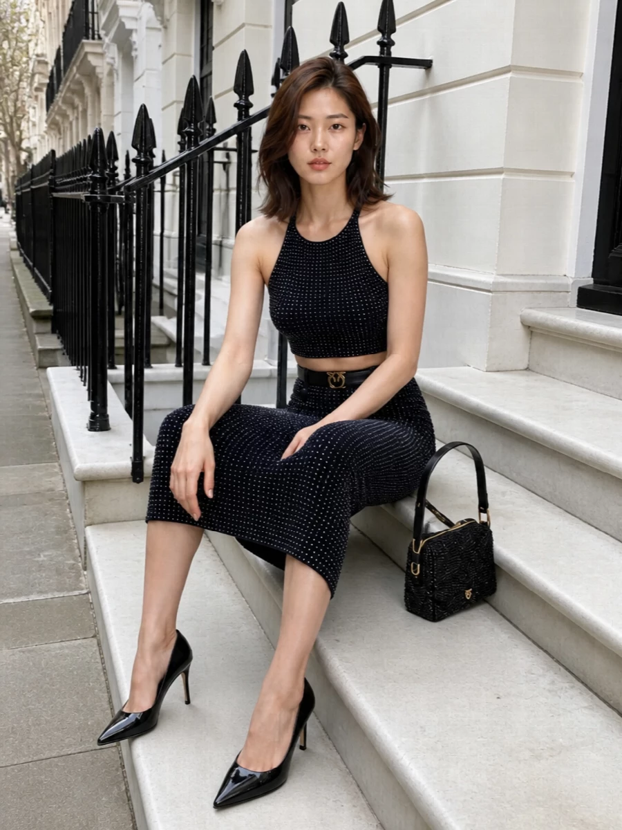 Pinko studded navy pencil skirt crystal halter