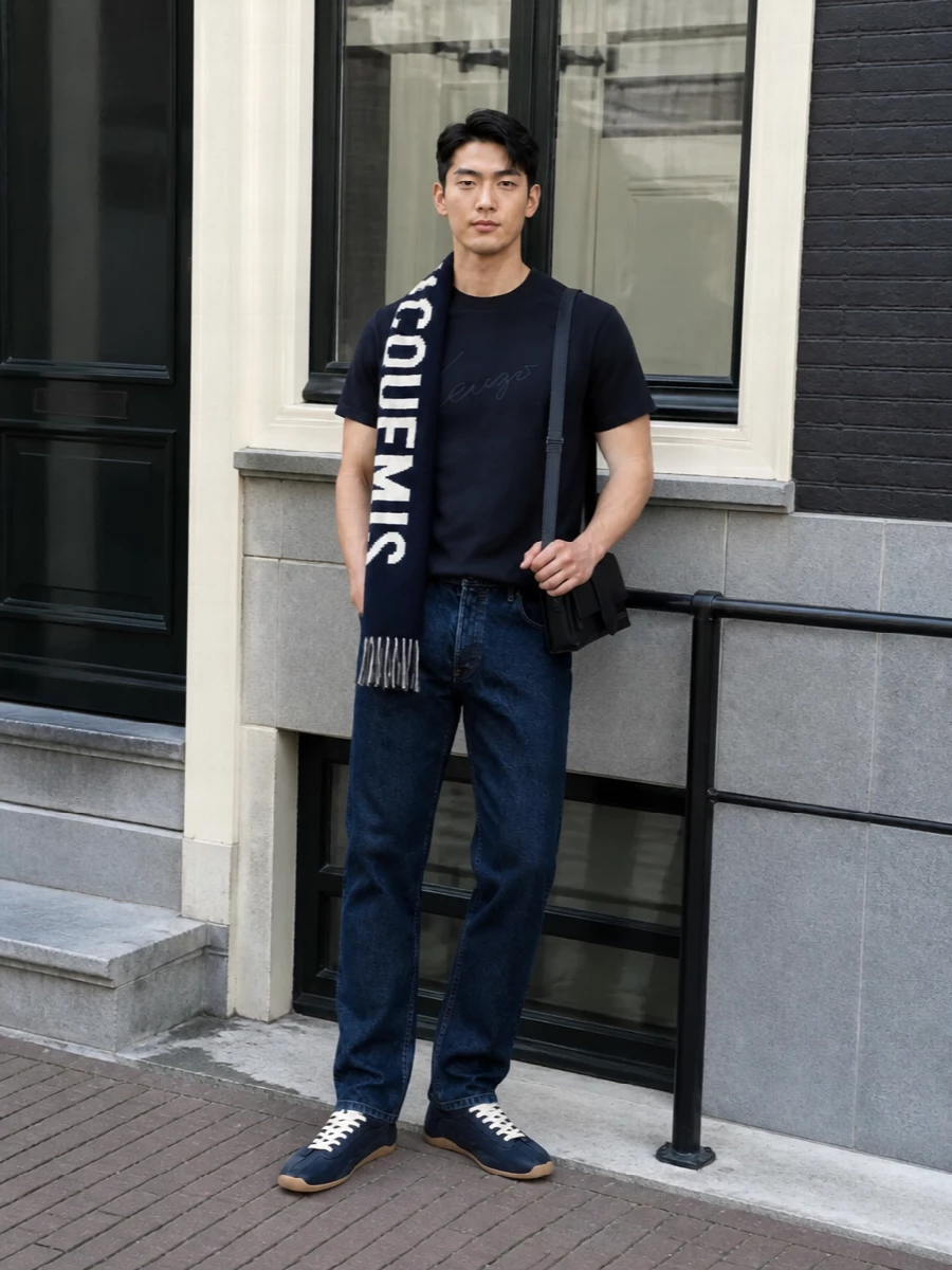 Kenzo navy tee dark jeans sneakers outfit