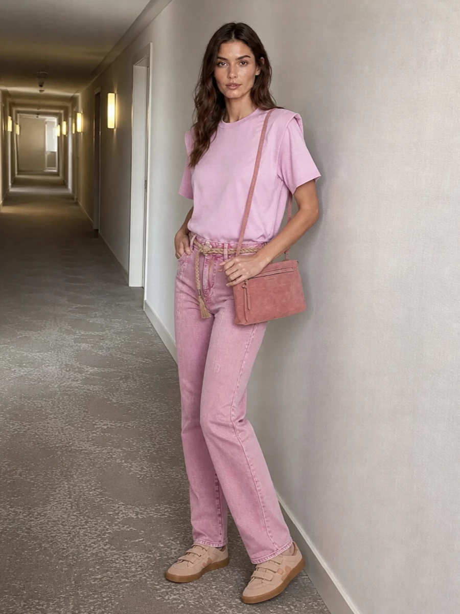 Isabel marant pink jeans padded shoulder tee outfit