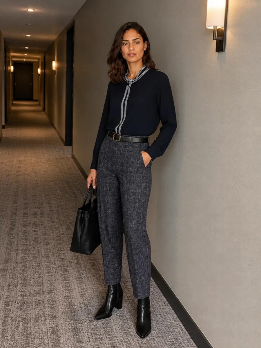 Fabiana filippi navy blouse charcoal trouser outfit