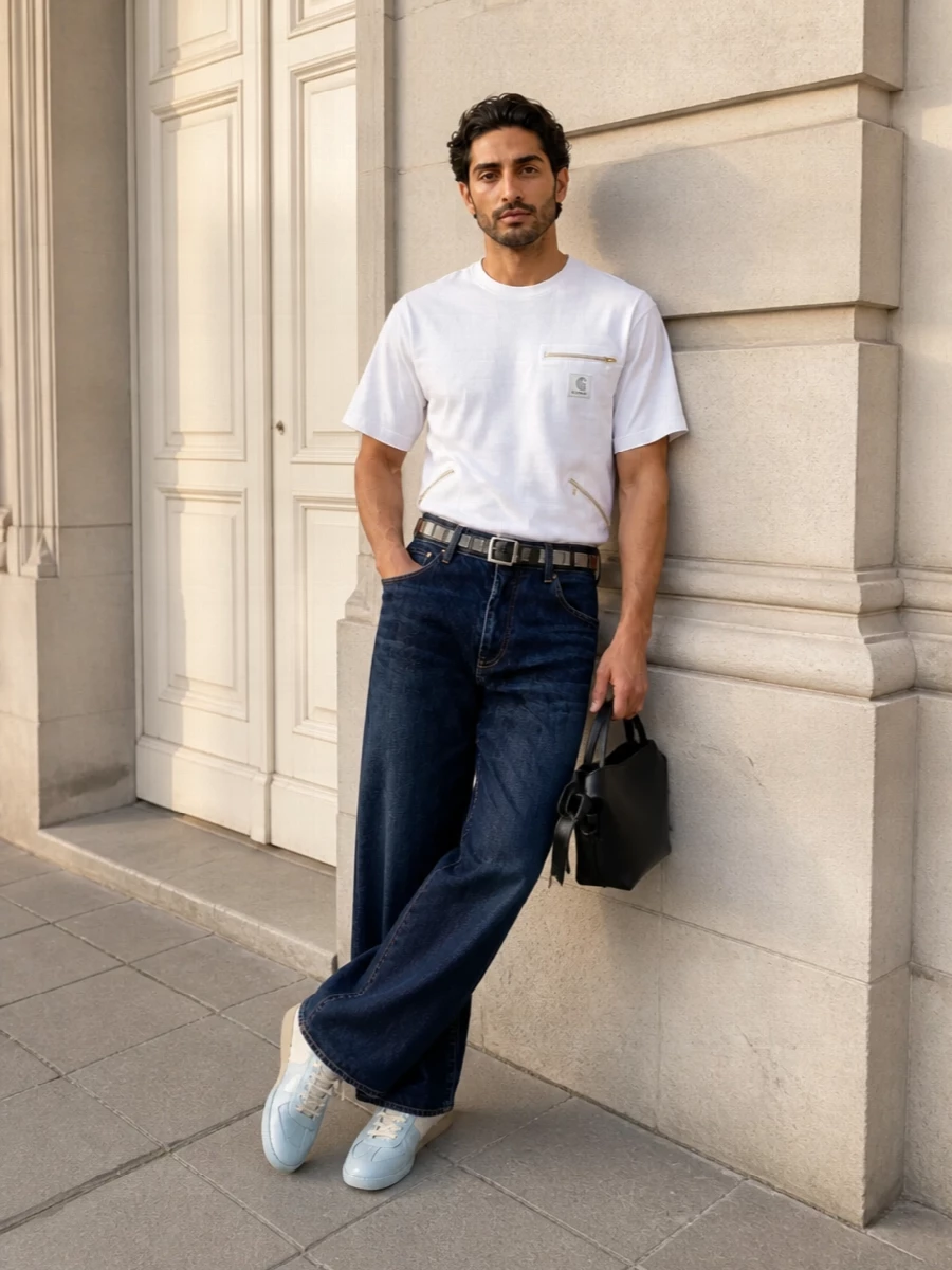 Sacai wide leg jeans white tee margiela sneakers