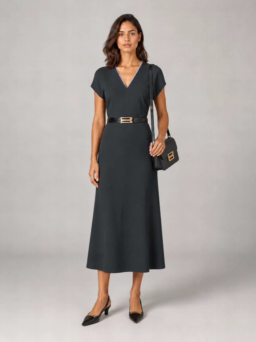 Victoria Beckham V-Neck Short-Sleeve Midi Dress