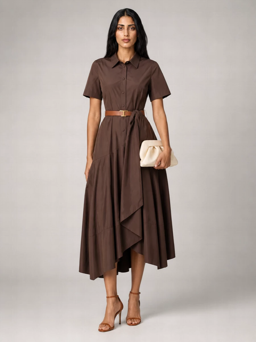 Parosh Taffeta Belted Short-Sleeve Midi Shirt Dress