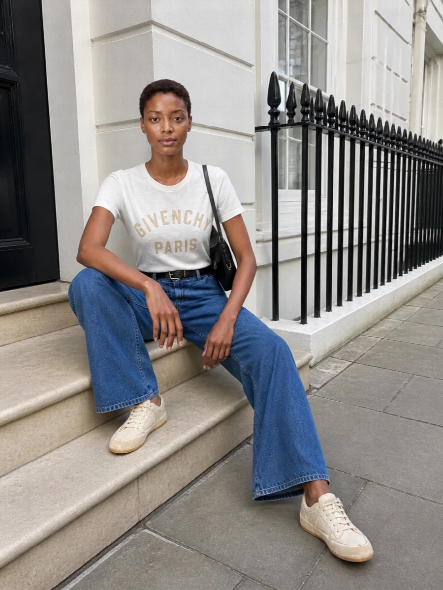 Givenchy logo tee wide leg jeans outfit