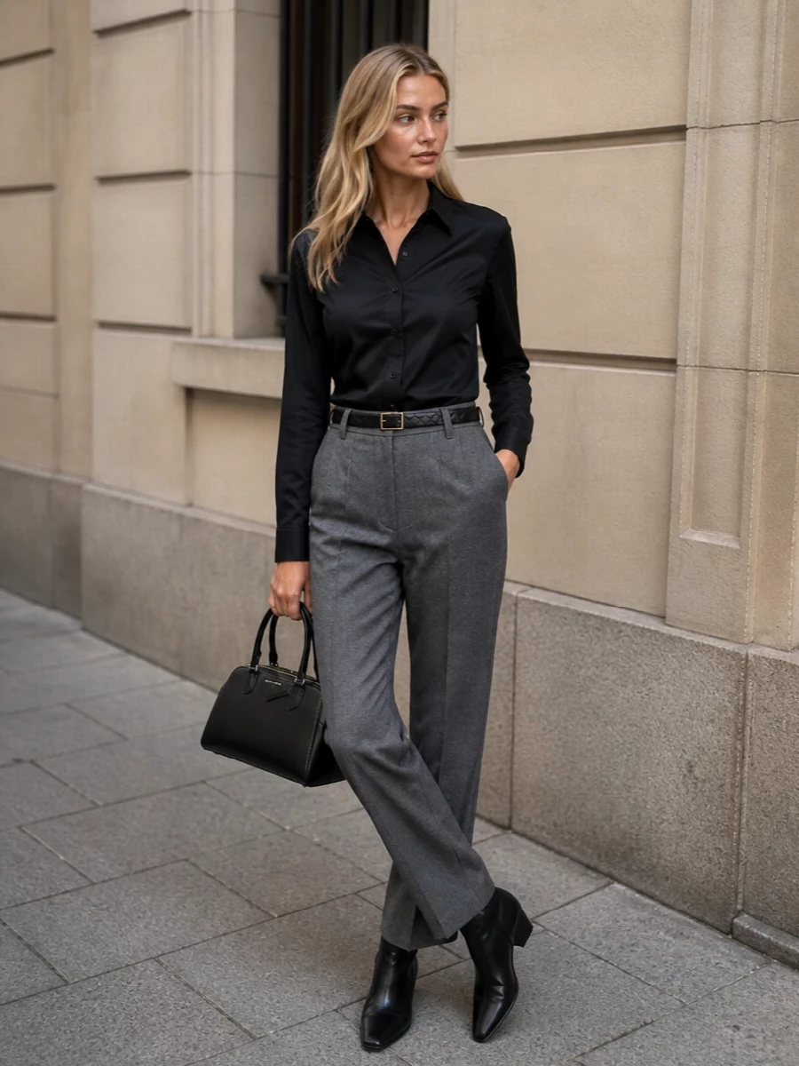 Brunello cucinelli shirt grey trousers office outfit