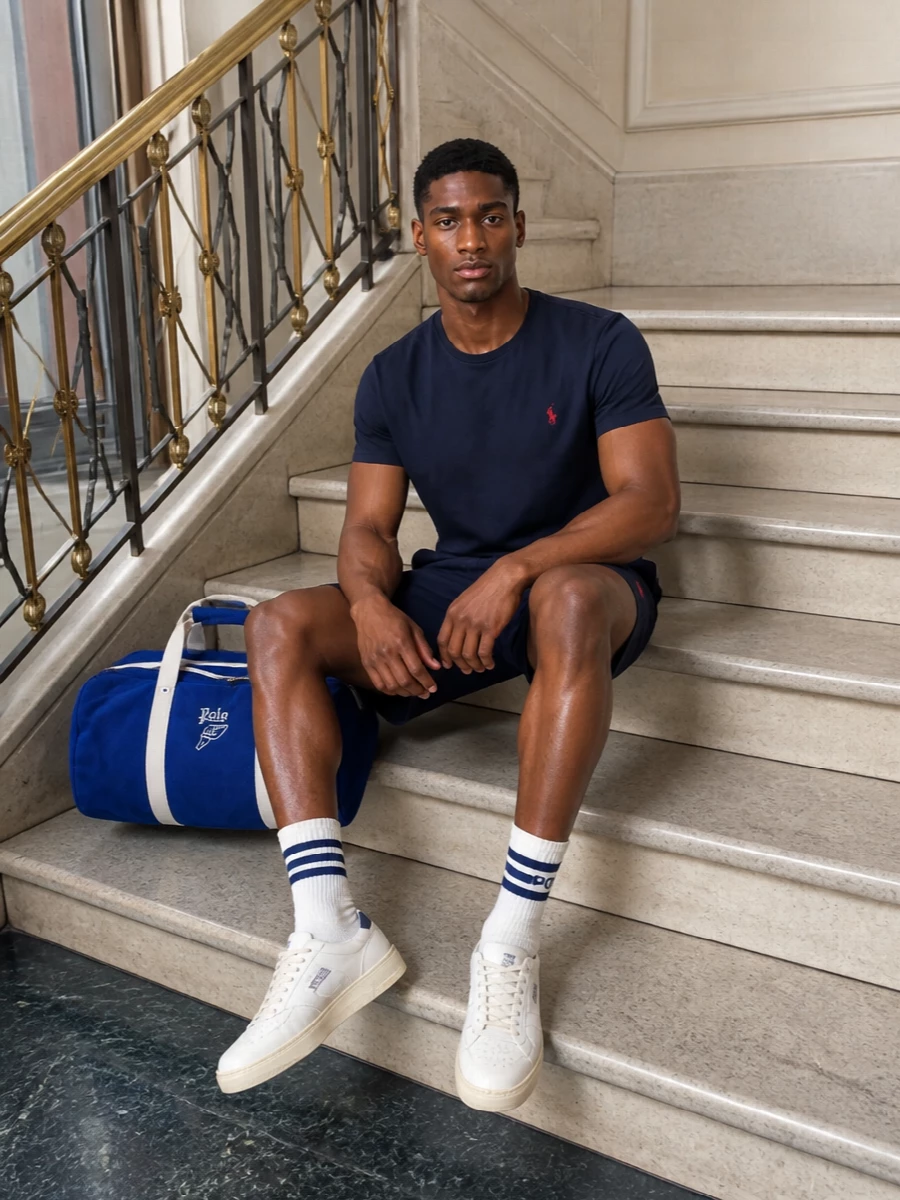 Polo ralph lauren navy tee autry sneakers outfit