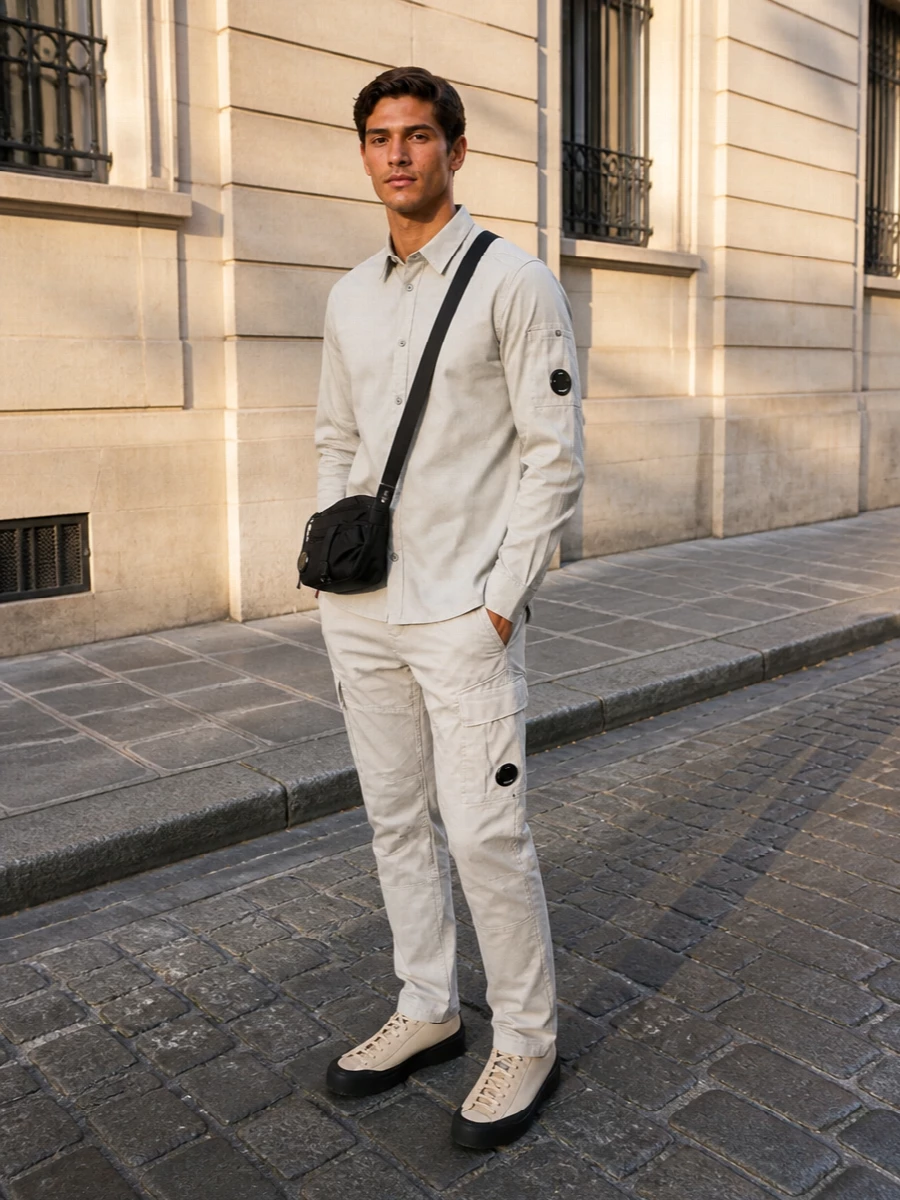 A head-to-toe C.P. Company neutral story keeps the focus on clean lines and subtle utility details. Light-stone cargos mirror the shirt for a modern monochrome base, while the Stone Island sneakers and compact crossbody introduce grounded technical accents that still sit quietly within the palette. It is relaxed enough for weekends yet considered enough for city days where you want function without visual noise.