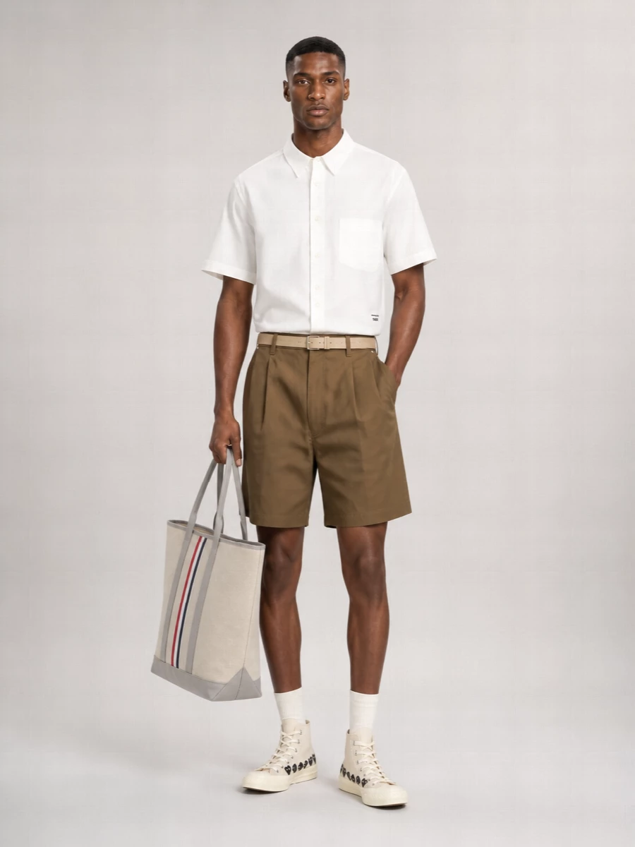 Khaki pleated shorts and a boxy white shirt set up a sharp, minimal summer uniform that feels grown-up rather than casual. Light beige high-top canvas sneakers keep the palette warm and relaxed while the slim neutral belt and structured Thom Browne tote add just enough quiet structure for city days or low-key office wear.