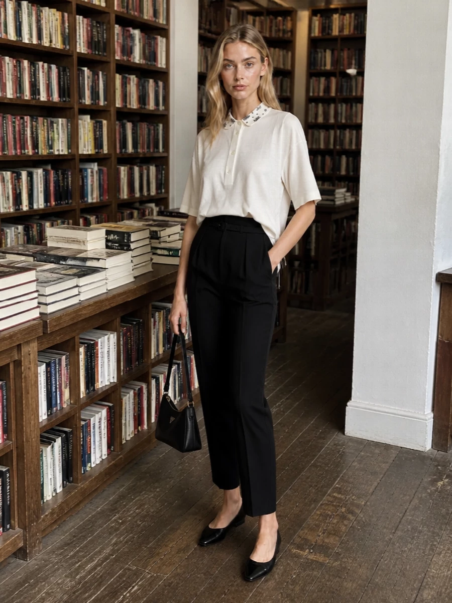 A jeweled-collar ivory tee meets high-rise black tailoring for a uniform that feels precise yet unforced. Glossy black flats and a slim black shoulder bag keep the line uninterrupted, letting quiet details carry the sophistication. The result is a softly structured, minimal ensemble that moves easily from daytime meetings to dinner.