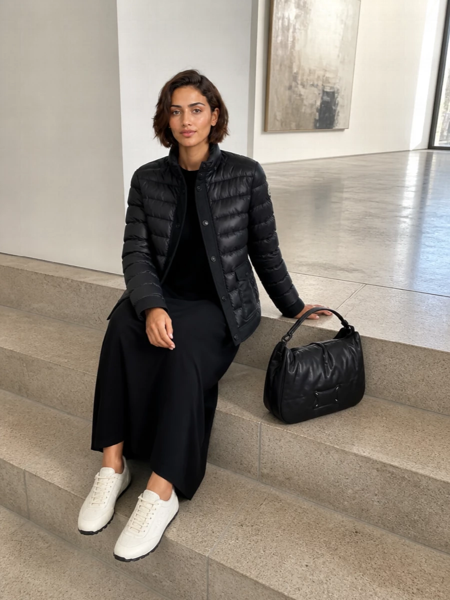 I am building around the dress rather than a top and bottom, because the long black knit column keeps the silhouette clean under the slightly glossy Moncler puffer and avoids bulky layering at the hip. The result is a quiet city uniform: inky monochrome, tactile quilting repeated between jacket and bag, and a fluid line grounded by low-profile Margiela runners. It feels polished but still firmly in that sport-leaning, off-duty register the jacket suggests, ideal for cool-season days when you want ease without sacrificing refinement.