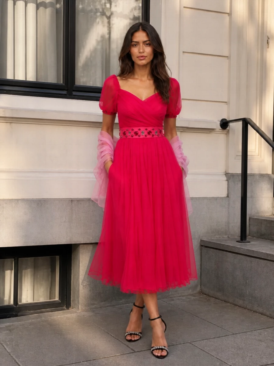 Dolce gabbana raspberry tulle dress black sandals