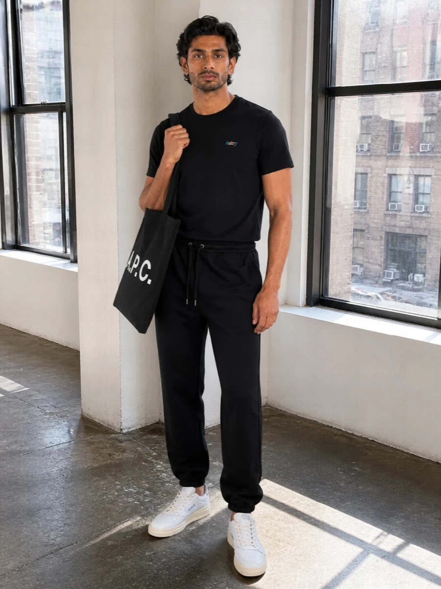 Autry tee black joggers white sneakers outfit