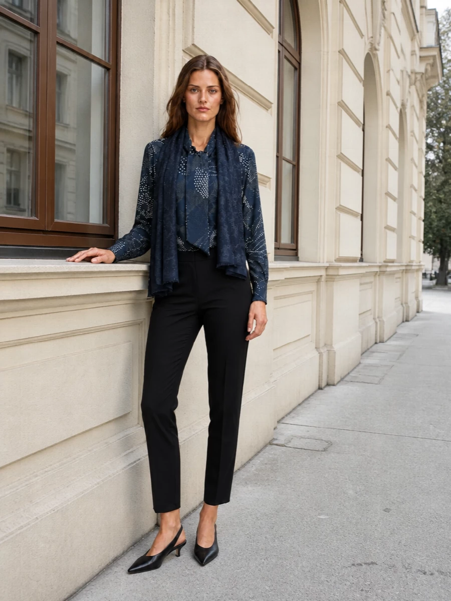 Emporio armani navy tie blouse black trousers
