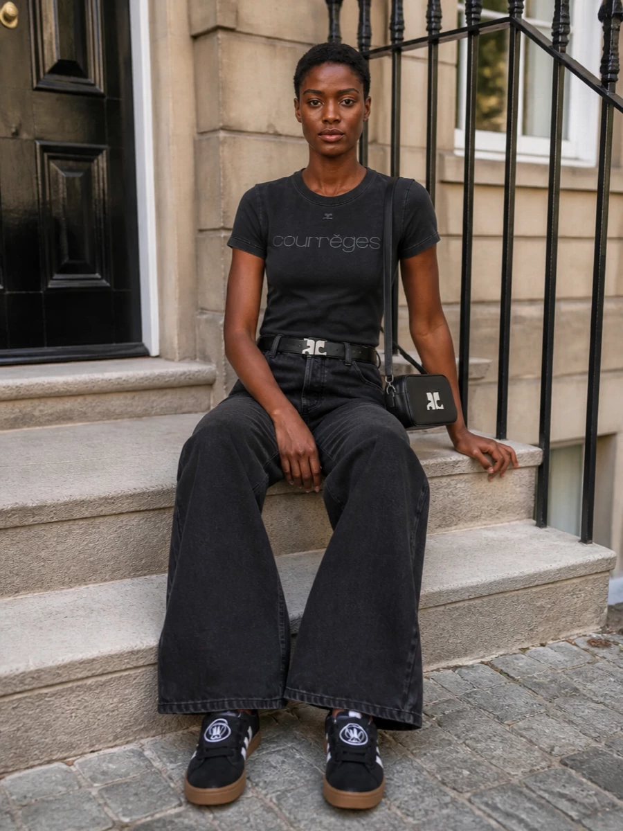 Courreges logo tee apc wide leg jeans outfit