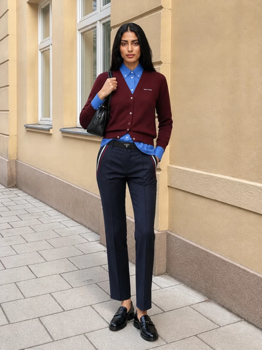 Miu miu navy trousers layered knit shirt outfit