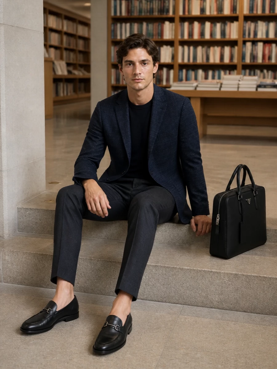 Zegna blazer gucci trousers prada briefcase