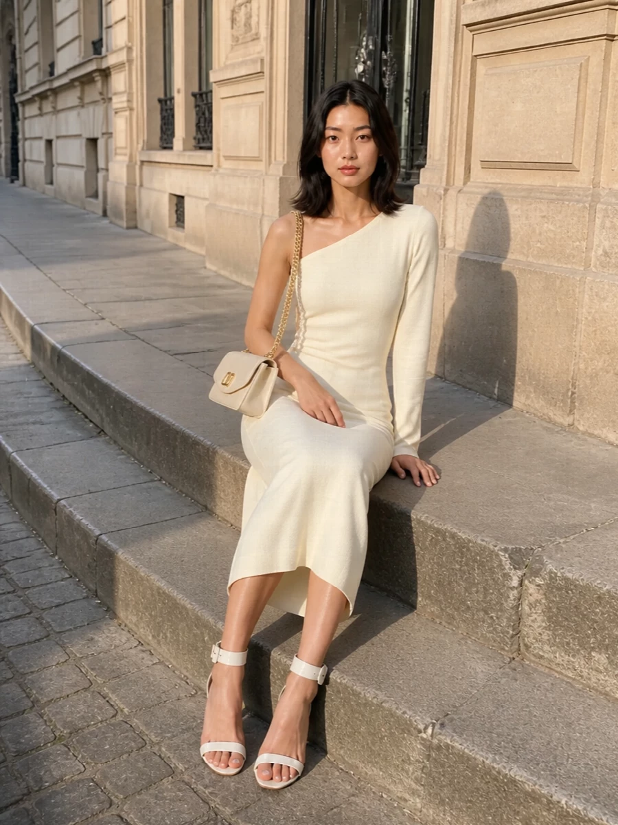 This is a modern evening ensemble built around tone-on-tone buttercream, letting the Valentino chain bag read as a seamless extension of the dress rather than an accent. Choosing the one-shoulder column dress instead of separates keeps the silhouette long, minimal and uninterrupted, in line with the bag’s structured elegance. The white ankle-strap sandals introduce just enough contrast to keep the palette fresh while preserving a soft, refined mood suitable for cocktails, weddings or gallery dinners.