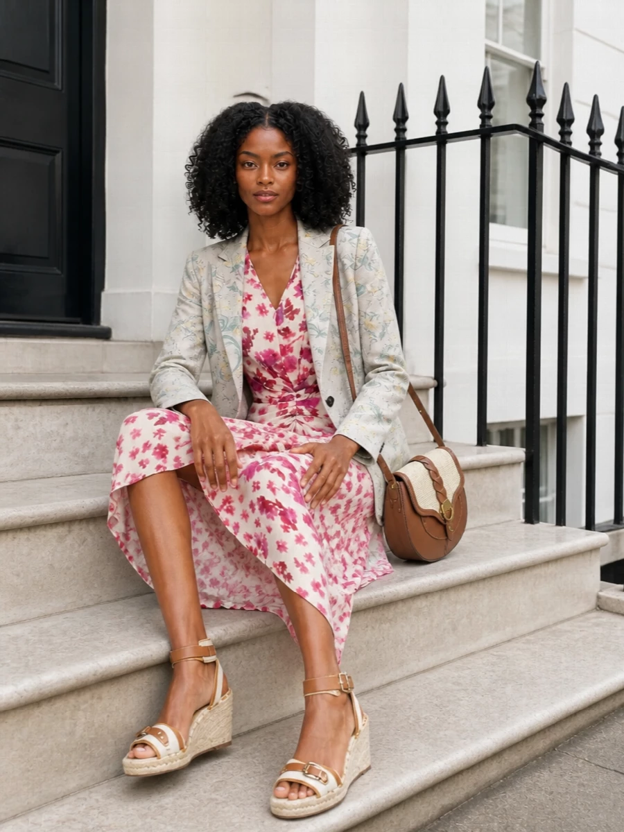 Soft florals and a ruched waist meet earthy tan accessories for a romantic, sunlit take on occasion dressing. Espadrille wedges and a woven saddle bag keep the Isabel Marant dress feeling boho and relaxed, perfect for garden parties and summer weddings. The warm neutrals ground the blush and fuchsia palette so it reads refined rather than saccharine.