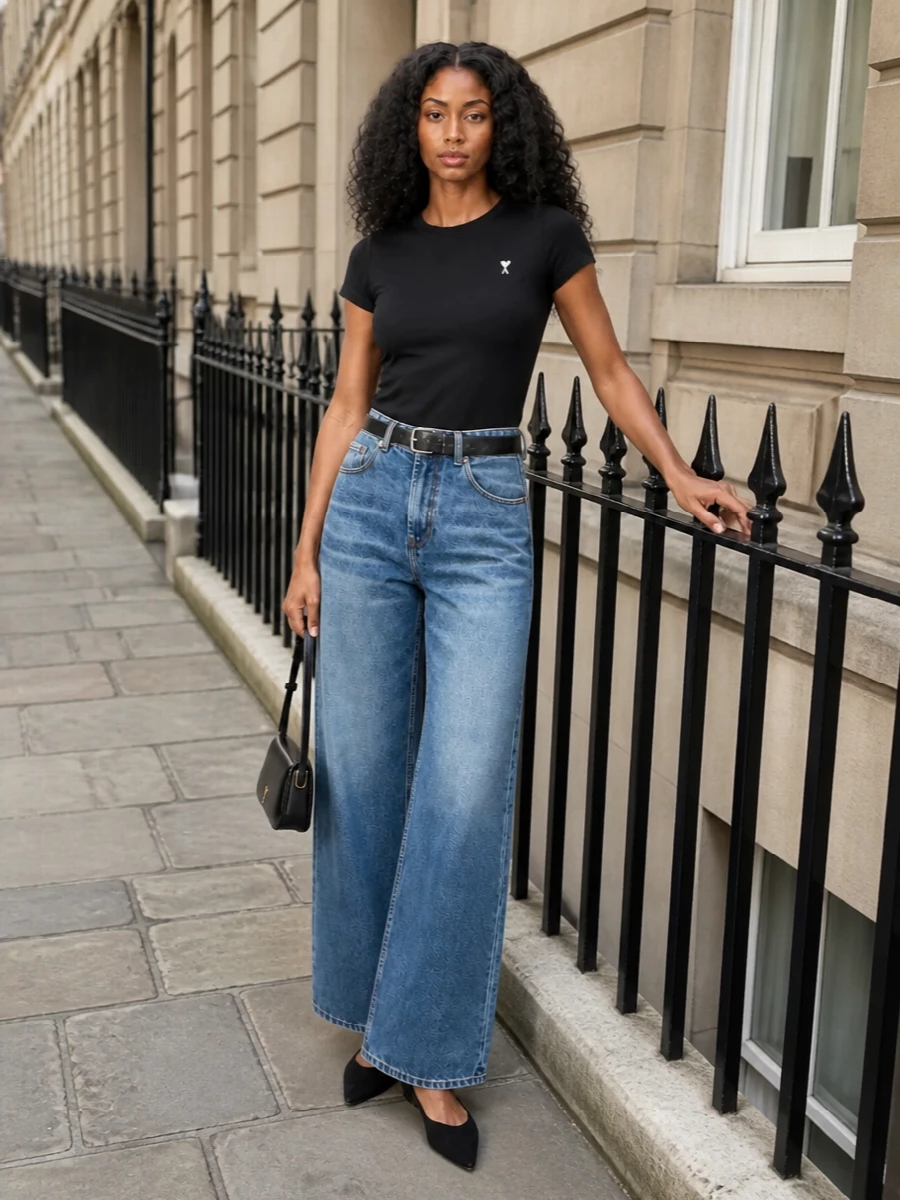 A black Ami tee and faded wide-leg denim create a clean, relaxed line that feels precise rather than slouchy. The sharp black pointed flats and slim belt refine the proportions, while the glossy Ami baguette keeps the mood Parisian and polished in a way that still reads easy for daytime. It is a concise, monochrome-focused uniform that slips from coffee to drinks without needing a change.