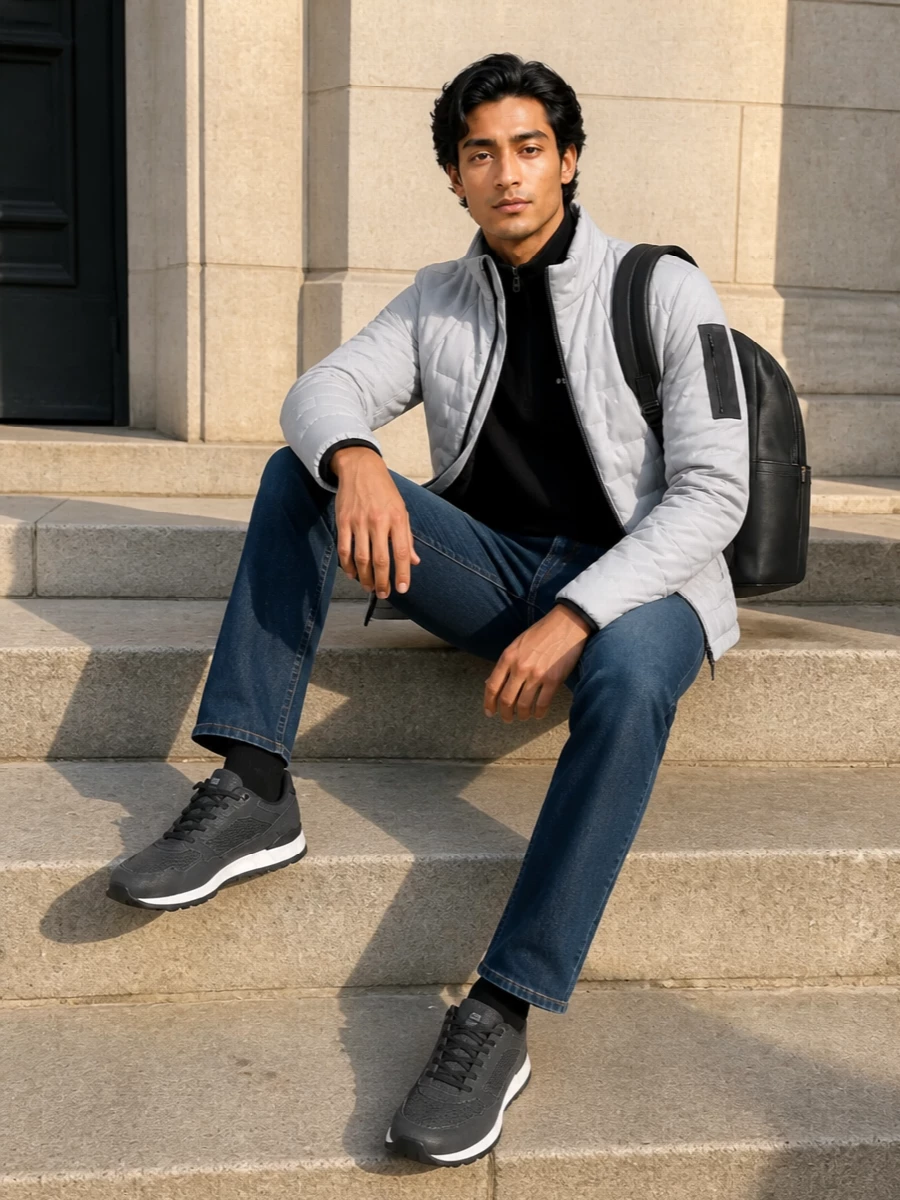 Boss padded jacket dark jeans runners outfit