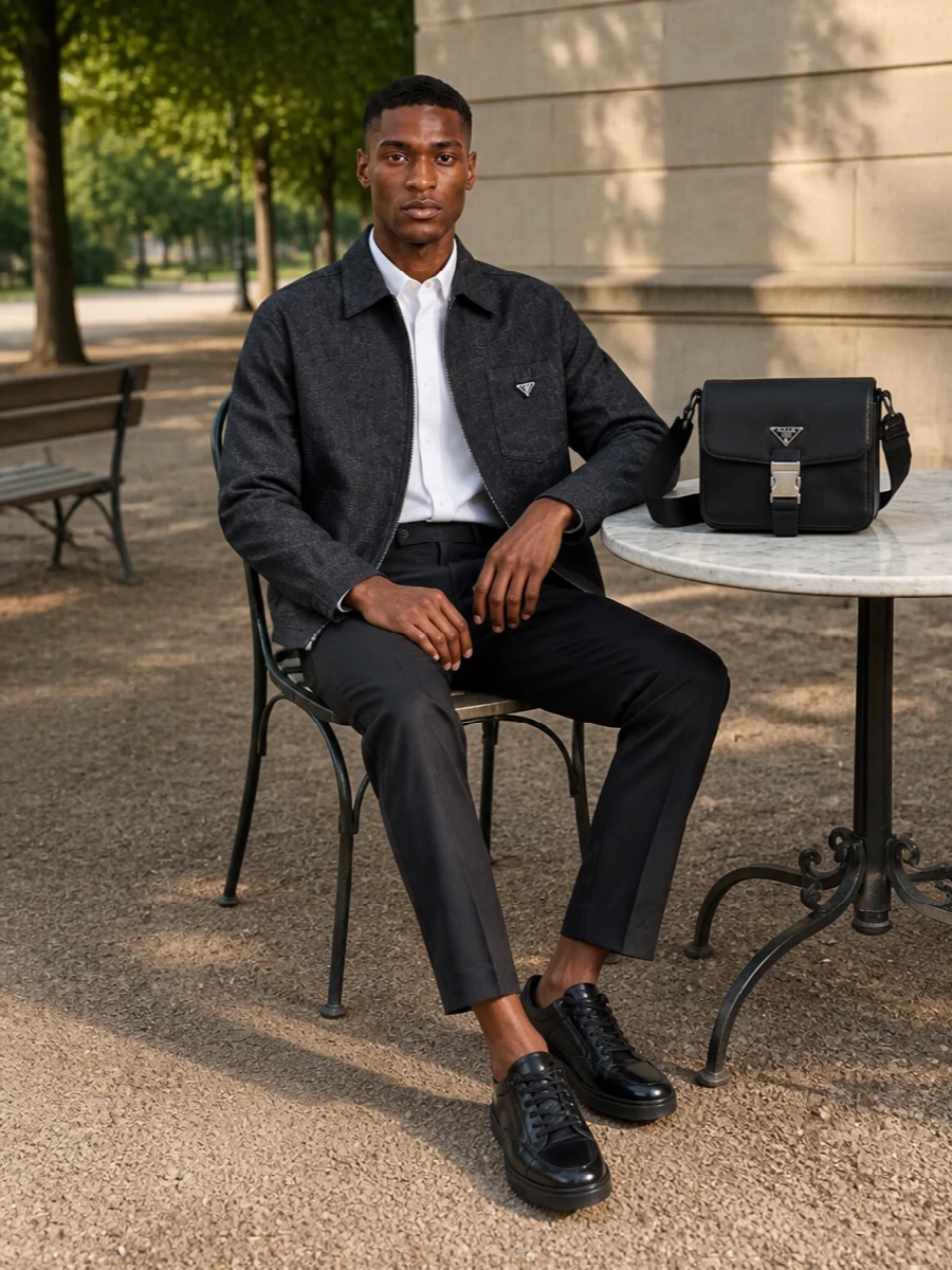 Prada charcoal shirt jacket tailored trousers