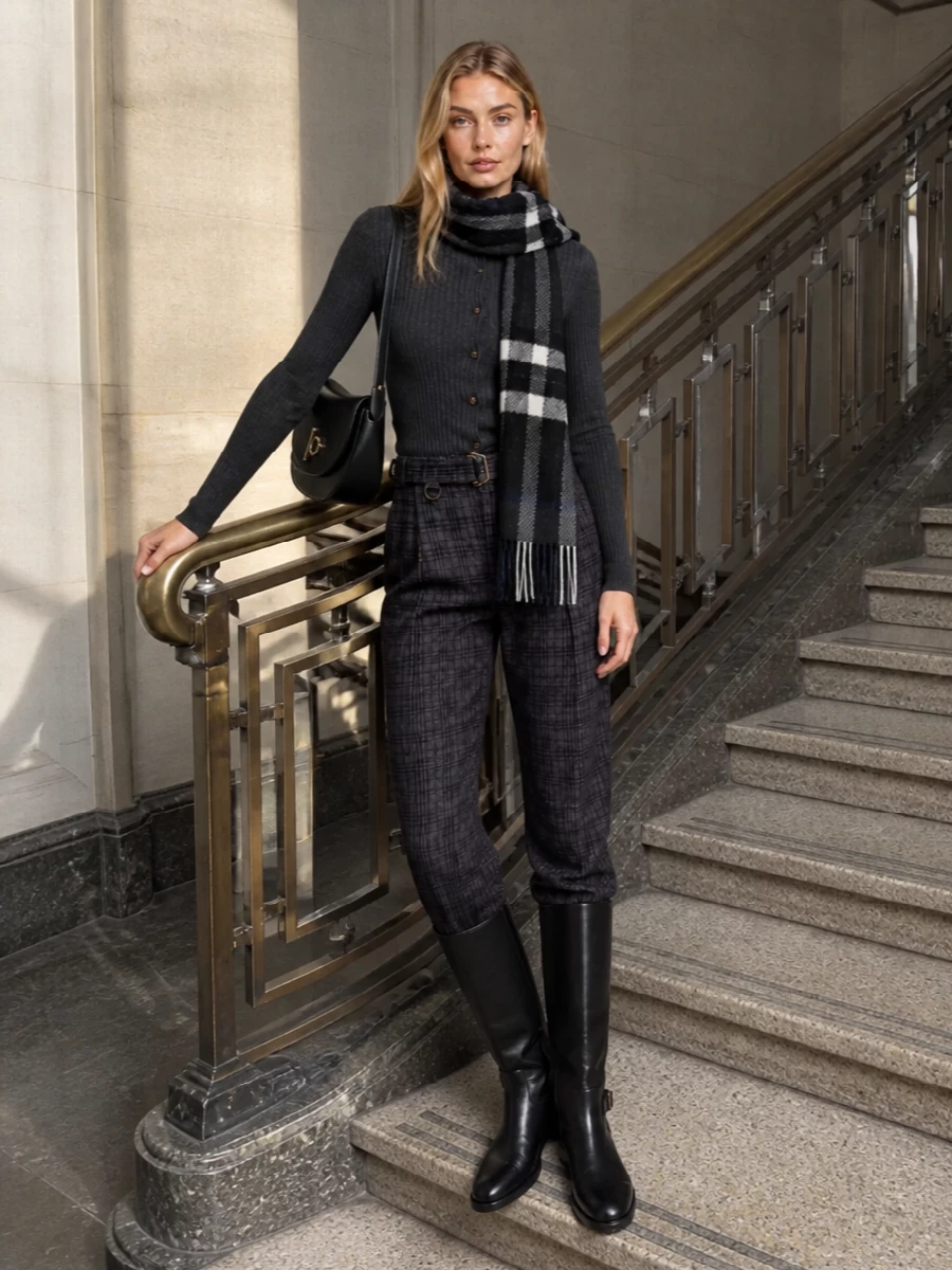 Burberry charcoal cardigan checked trousers outfit