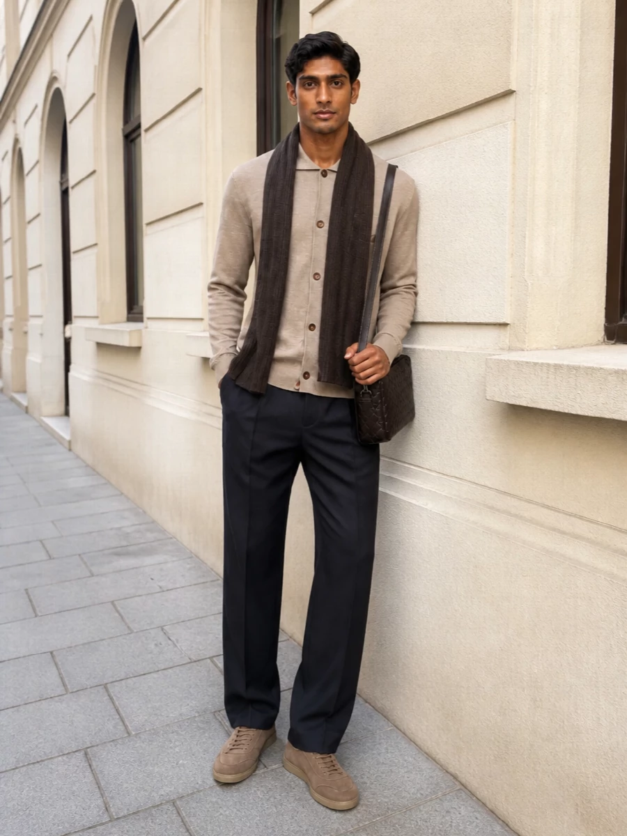 Etro cardigan navy trousers zegna sneakers