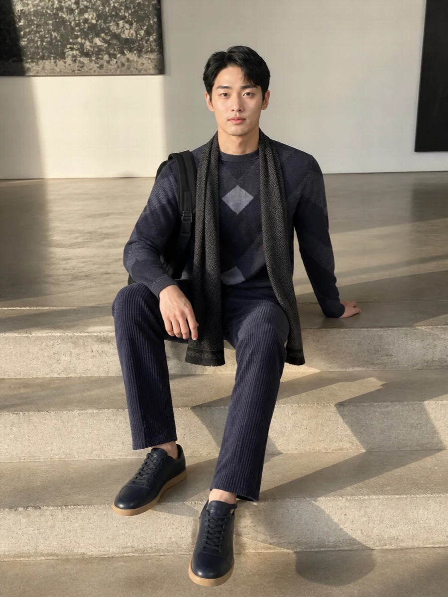 Emporio armani navy knit striped trousers outfit