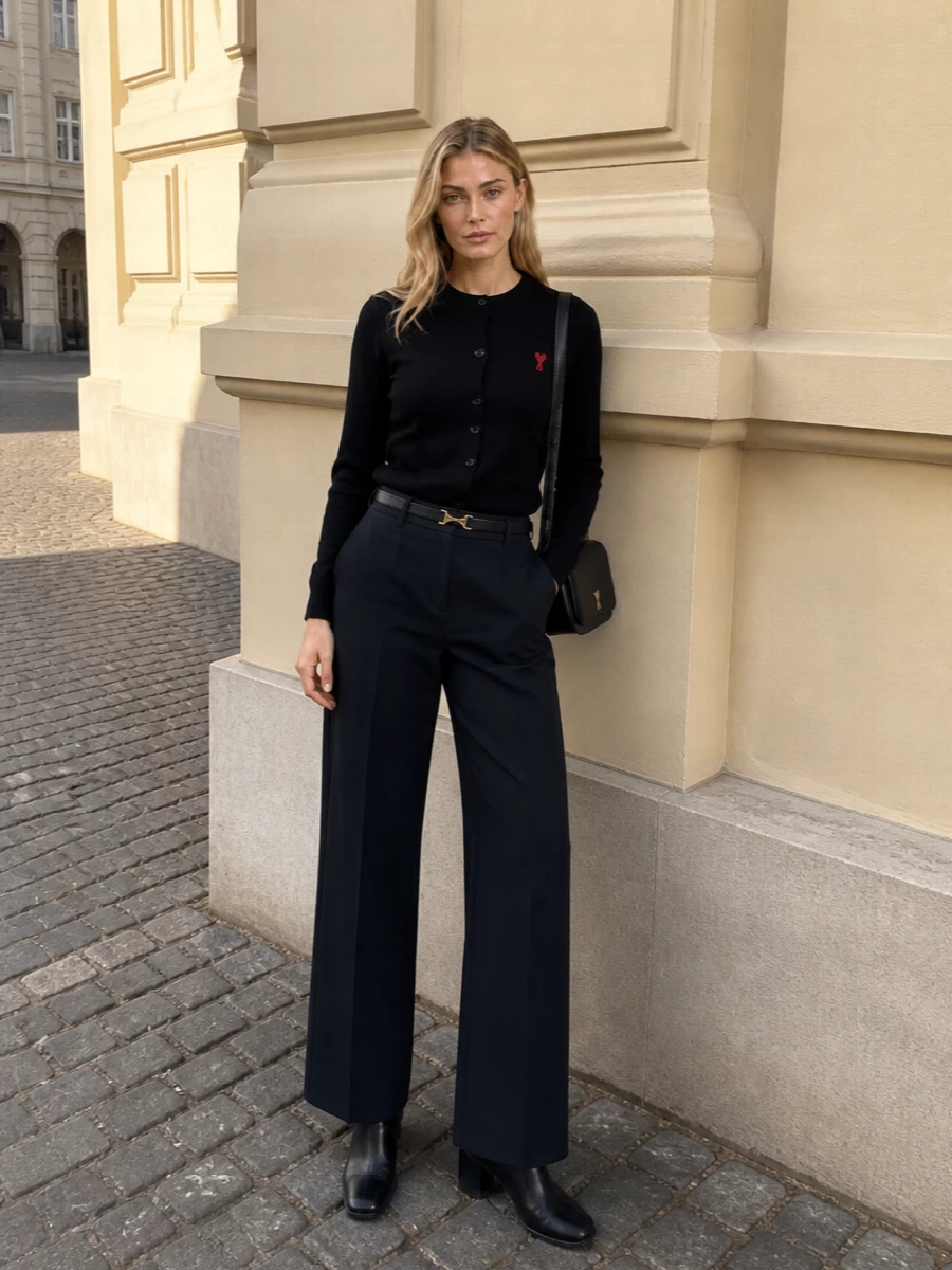 Ami cardigan navy wide leg trousers outfit