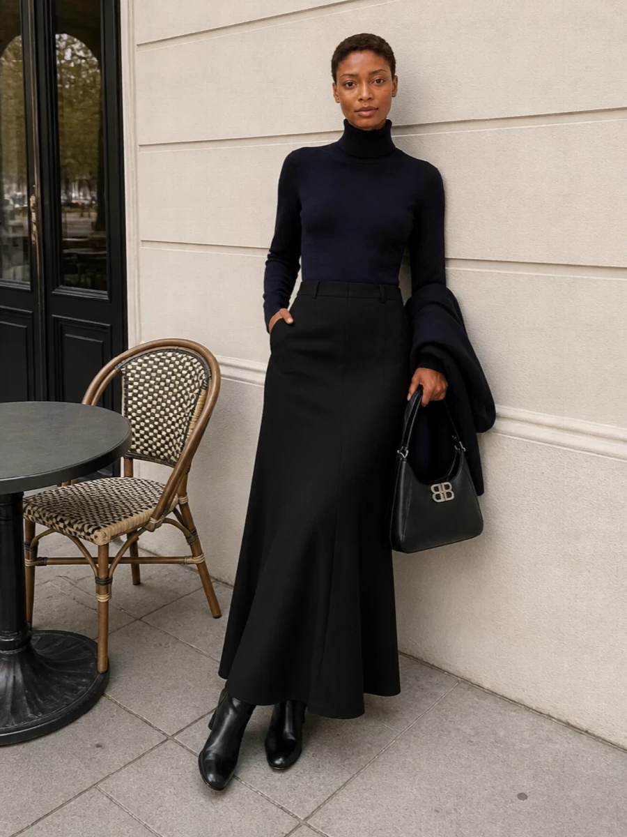 Balenciaga navy turtleneck black flared maxi skirt