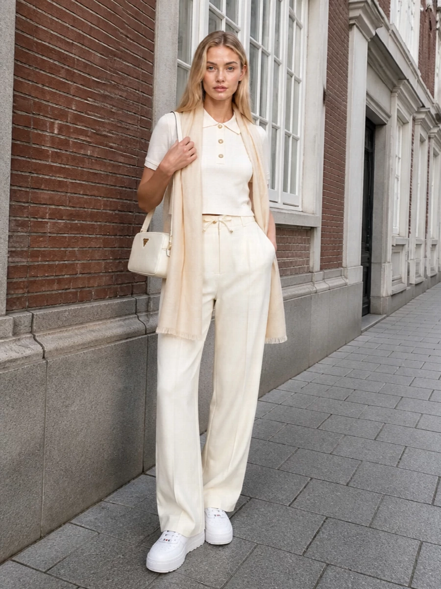 Moncler ivory polo wide leg trousers prada bag