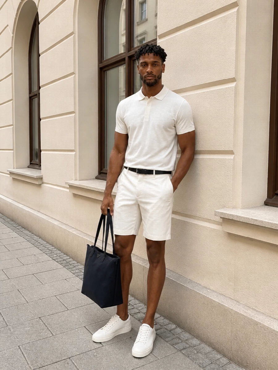 Emporio armani ivory polo tailored shorts outfit