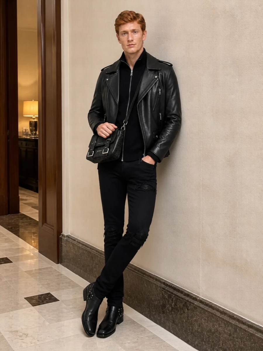 Mens black biker amiri jeans outfit