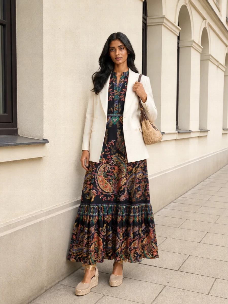 A romantic Etro paisley maxi becomes the hero, grounded with sand-toned wedges and a raffia shoulder bag for a soft, sunlit finish. The warm neutrals pull out the dress’s coral and emerald accents without crowding the print. Easy to wear from daytime terraces to destination dinners with just a change of jewelry.