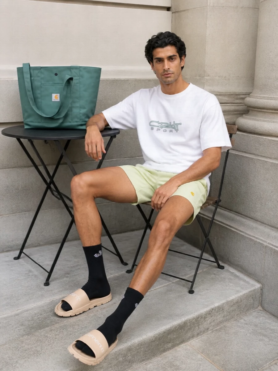 Carhartt swim shorts off white slides outfit